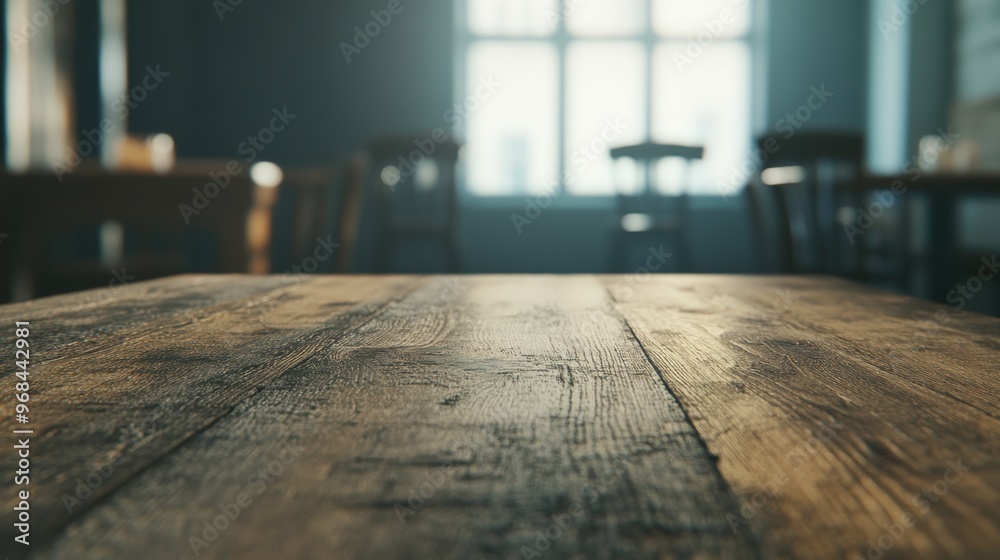 The wooden table stands alone, inviting warmth in a softly lit room where chairs fade into a gentle blur The wooden table stands alone, inviting warmth in a softly lit room where chairs fade into a gentle blur