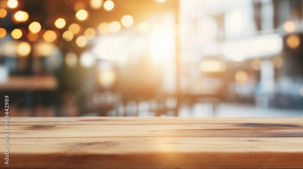 An inviting empty wooden table stands in a charming cafГ©, illuminated by soft light and surrounded by a blurred interior atmosphere An inviting empty wooden table stands in a charming cafГ©, illuminated by soft light and surrounded by a blurred interior atmosphere