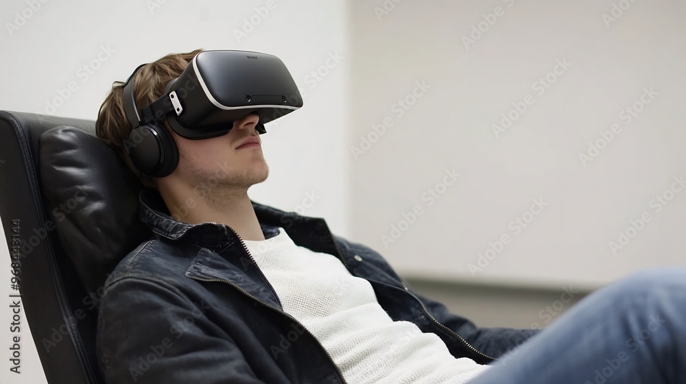 Young man wearing a VR headset and relaxing in a chair. Young man wearing a VR headset and relaxing in a chair.