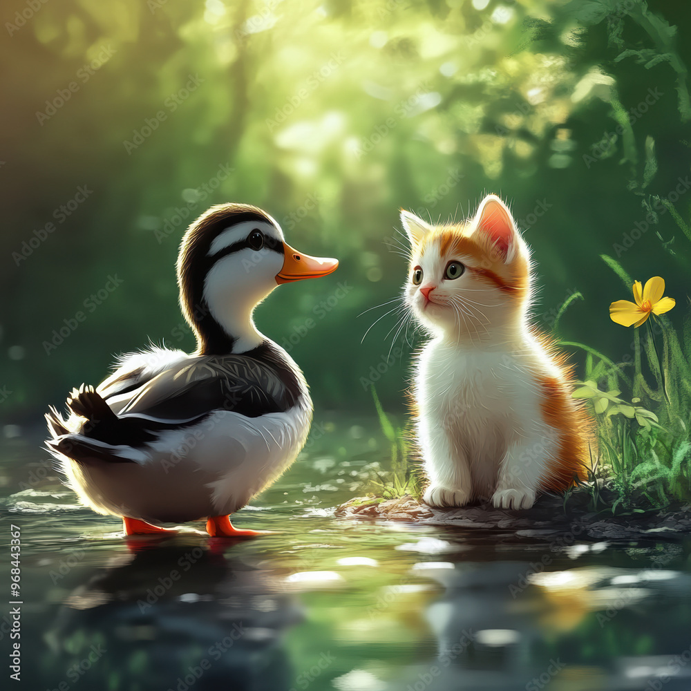 Obraz premium A duck and cat share serene moment by water, surrounded by lush greenery and delicate flower. scene captures beauty of nature and innocence of these two animals