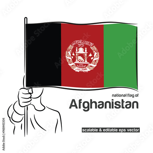 Scalable and editable eps vector Outline line stroke contour art of person hand fist holding national waving flag of Afghanistan