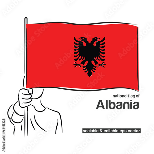 Scalable and editable eps vector Outline line stroke contour art of person hand fist holding national waving flag of Albania