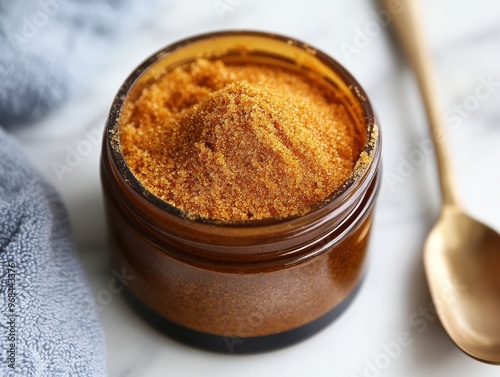 The fine scrub is packed in a classic amber smooth jar made from turmeric 