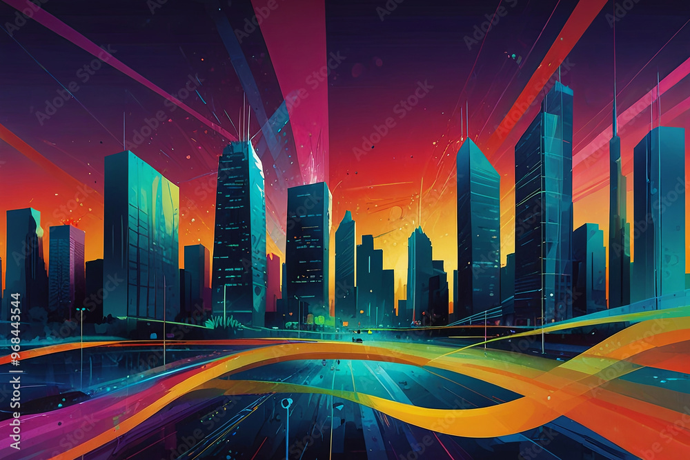 A cityscape with a colorful background and a cityscape