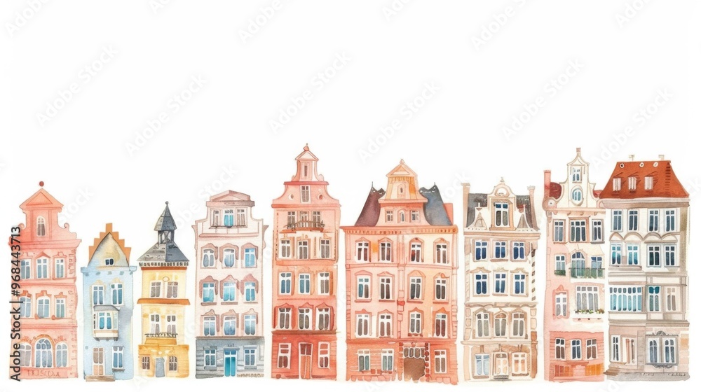 Fototapeta premium Hand-drawn watercolor buildings, graphic design and branding.