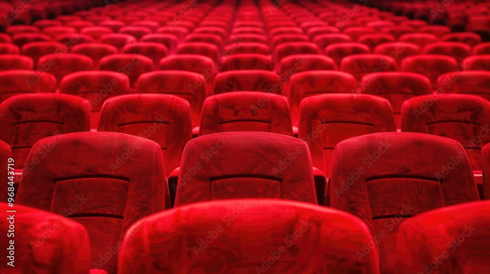 Obraz premium Empty red theater seats in an indoor stage auditorium. Representing audience, performance, and cultural environment.