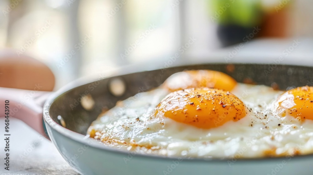 Three fried eggs are gently cooking in a nonstick pan with a pastel handle, perfect for a morning breakfast Three fried eggs are gently cooking in a nonstick pan with a pastel handle, perfect for a morning breakfast