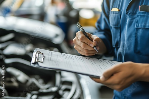 auto mechanic writing on clipboard in auto repair shop. car service concept