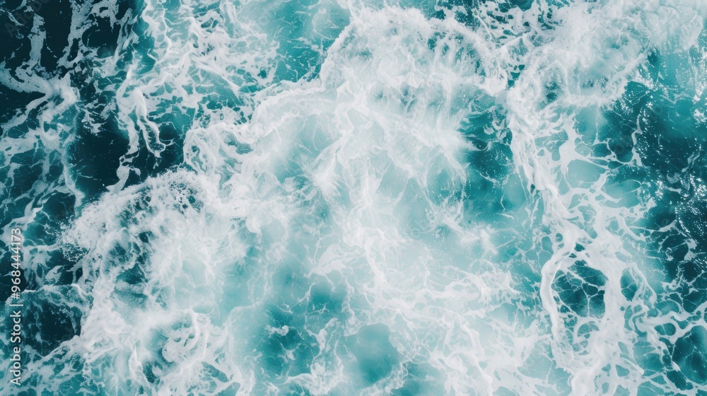 Fototapeta premium A powerful wave sweeps toward the shore, colliding with the water to create vibrant foam in the striking blue ocean