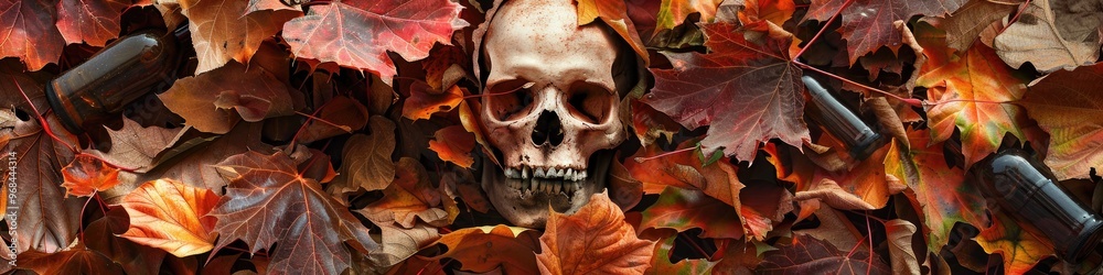 Skull and bottles surrounded by autumn foliage Skull and bottles surrounded by autumn foliage