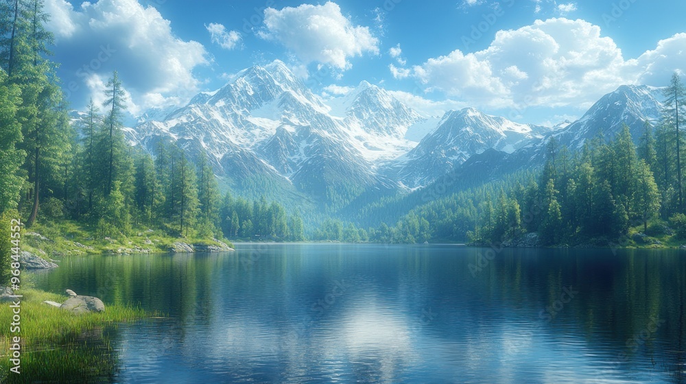 Serene mountain landscape with a calm lake and lush greenery. Serene mountain landscape with a calm lake and lush greenery.