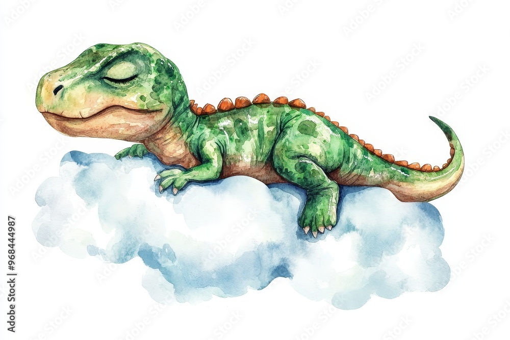 Obraz premium A charming watercolor illustration of a cute, little T-Rex dinosaur peacefully sleeping on a fluffy white cloud. This image evokes feelings of tranquility, innocence, and the wonder of childhood.