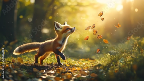 A playful baby fox chasing butterflies in a sunlit forest clearing photo