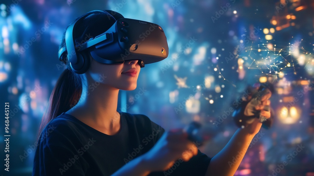 Young woman wearing VR headset and using a controller against a blurry background with glowing lights.