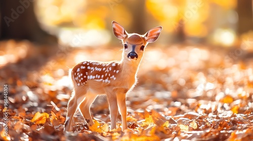 A cute baby deer standing in a sun-dappled forest with fallen leaves photo