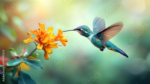 A tiny hummingbird hovering near a vibrant flower in mid-air