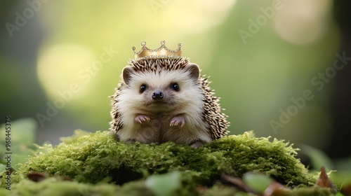 A charming hedgehog with a tiny crown sitting on a soft bed of moss