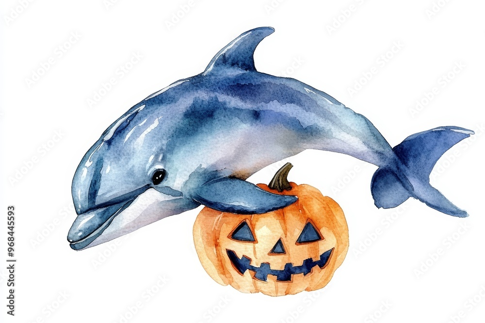 Fototapeta premium A charming watercolor illustration of a dolphin playfully perched on a jack-o-lantern pumpkin. This whimsical artwork combines the themes of ocean life, Halloween, and nature, representing joy, celebr