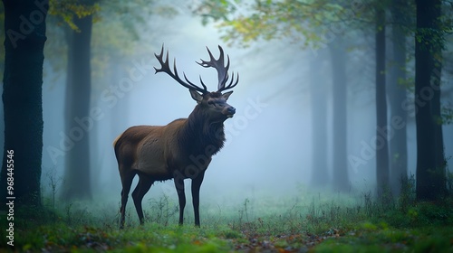 A proud stag standing in a misty forest clearing at dawn