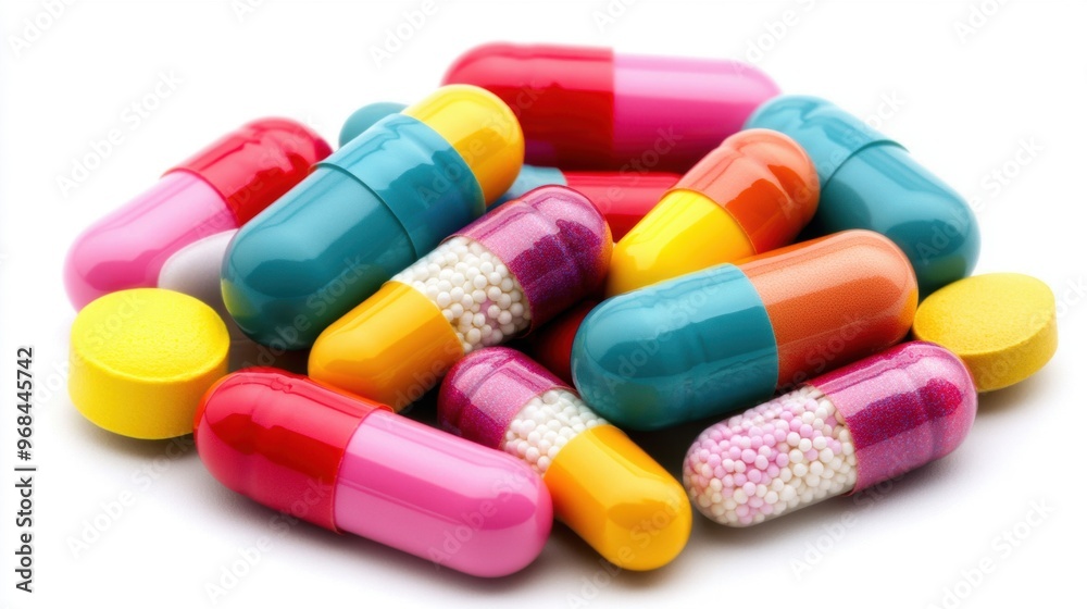 A collection of colorful pills in various shapes and sizes is displayed on a white background, highlighting their vibrant hues and designs A collection of colorful pills in various shapes and sizes is displayed on a white background, highlighting their vibrant hues and designs