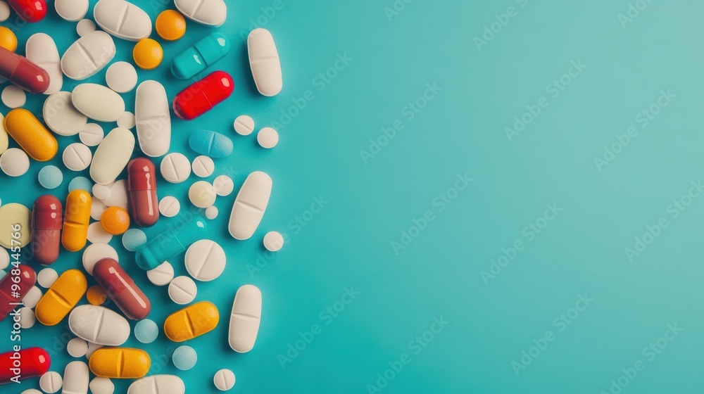 Numerous pills and medications in different shapes and colors are spread out on a light blue tabletop, reflecting overall health choices Numerous pills and medications in different shapes and colors are spread out on a light blue tabletop, reflecting overall health choices