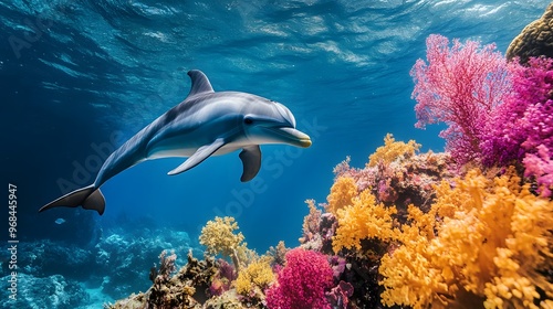 A playful dolphin swimming alongside a colorful coral reef