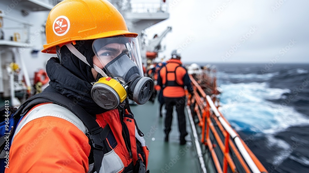 Worker on Cargo Ship Deck Wearing Safety Gear and Respirator Worker on Cargo Ship Deck Wearing Safety Gear and Respirator