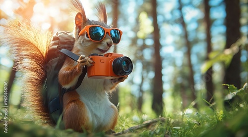 Squirrel Traveler with Camera and Backpack. photo