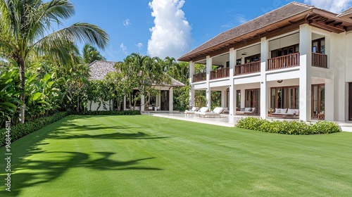 Tropical Luxury Villa with Pool Lush Lawn and Palm Trees