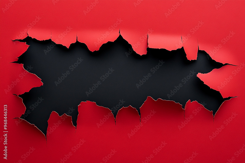 A ripped black paper reveals bold black background, creating striking contrast against vibrant red surface. This image evokes sense of intrigue and excitement A ripped black paper reveals bold black background, creating striking contrast against vibrant red surface. This image evokes sense of intrigue and excitement