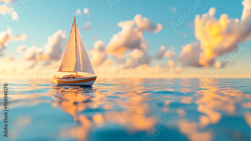 A small sailboat drifts peacefully on glassy sea, illuminated by warm glow of setting sun. tranquil scene evokes sense of calm and serenity