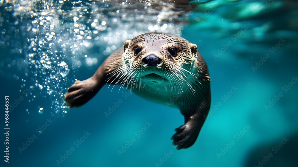 Fototapeta premium A playful otter swimming underwater with bubbles trailing behind