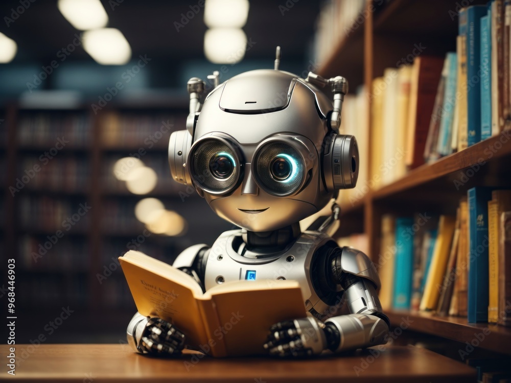 Fototapeta premium Cute robot reading a book in the library