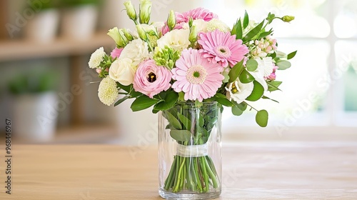 Wallpaper Mural Pink and White Flower Bouquet in Glass Vase on Wooden Table Torontodigital.ca