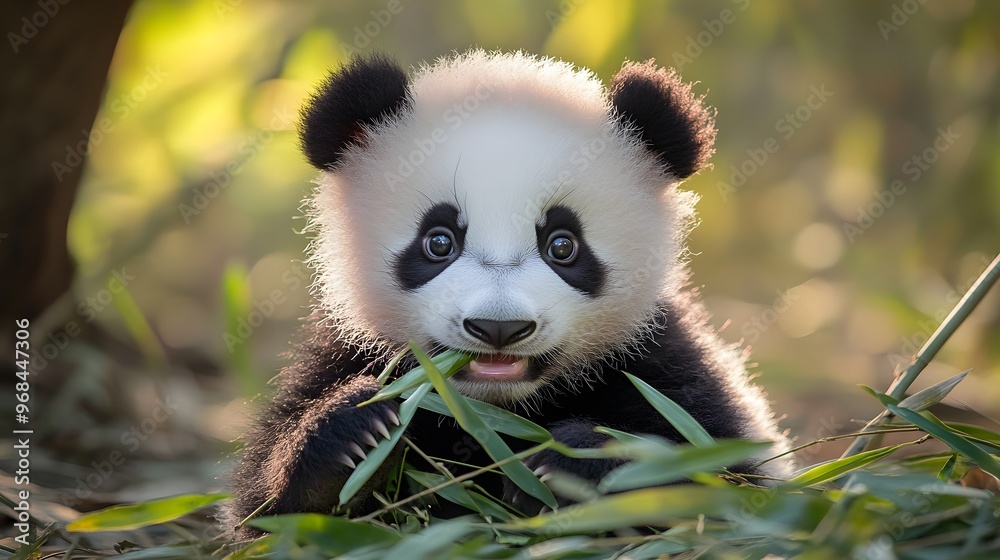 Obraz premium A curious baby panda chewing on bamboo leaves in a sunny clearing