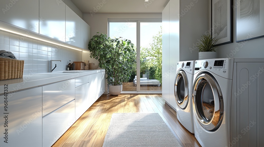 Bright laundry room with modern appliances and natural light. Bright laundry room with modern appliances and natural light.