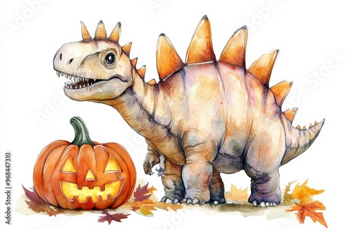 A charming watercolor illustration of a Stegosaurus dinosaur with pumpkin, symbolizing Halloween, autumn, prehistoric creatures, and playful festivities. photo