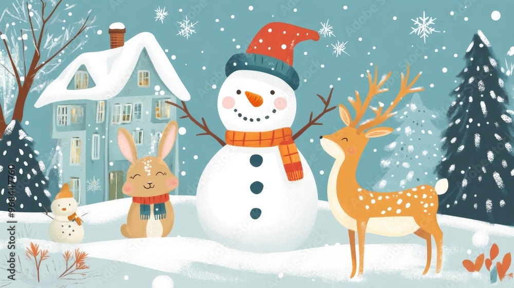 A charming winter scene with a friendly snowman wearing a red hat and scarf, a curious deer, and a cute rabbit in a snowy landscape with a house in the background, symbolizing winter joy, friendship, A charming winter scene with a friendly snowman wearing a red hat and scarf, a curious deer, and a cute rabbit in a snowy landscape with a house in the background, symbolizing winter joy, friendship,