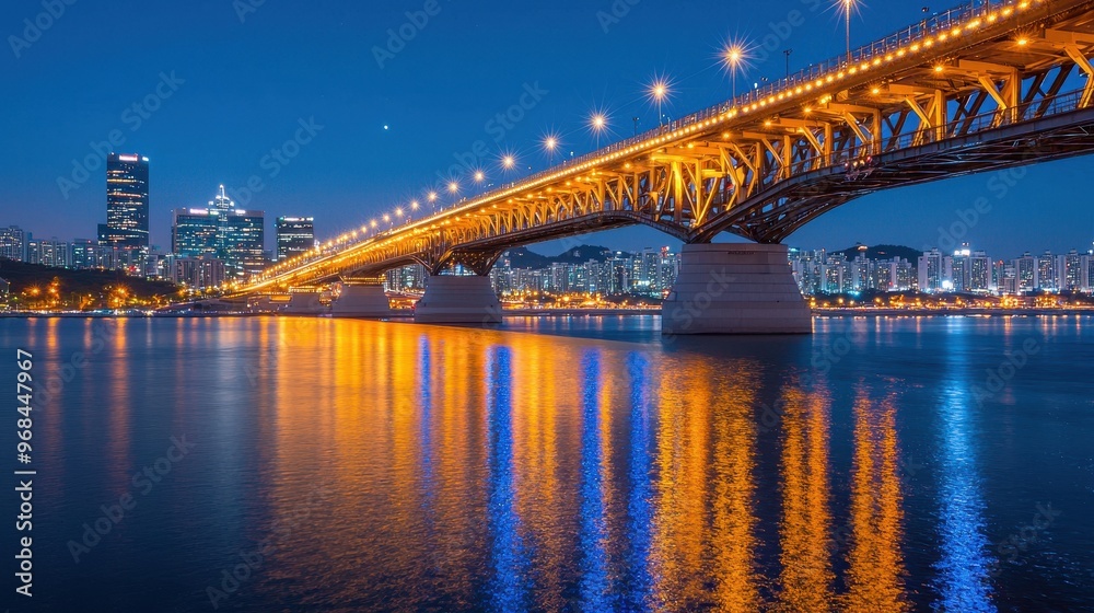 Obraz premium Nighttime Cityscape with Illuminated Bridge and River Reflections