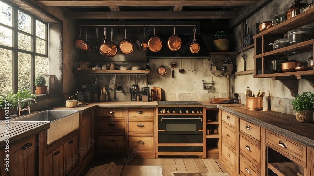 Rustic kitchen interior with wooden cabinets and hanging copper pots in a cozy farmhouse setting Rustic kitchen interior with wooden cabinets and hanging copper pots in a cozy farmhouse setting
