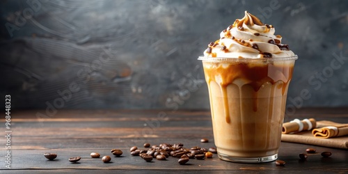 Iced caramel frappuccino with whipped cream and chocolate splashing around , coffee, beverage, cold, drink, refreshing photo