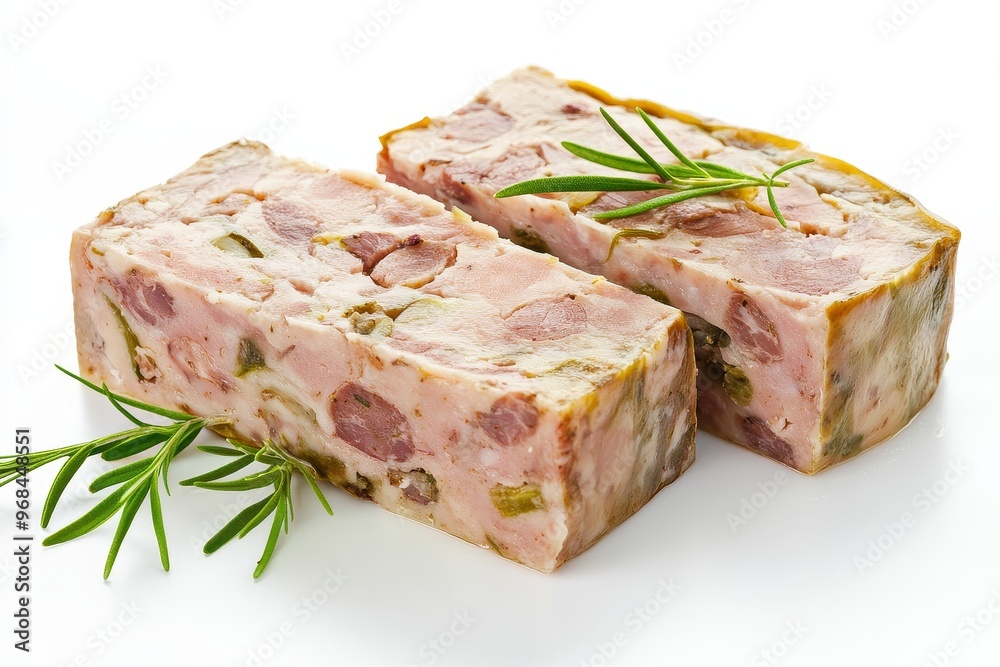 A close-up image of a traditional French terrine, sliced and arranged on a white background with fresh rosemary sprigs. The terrine is made with a combination of pork, veal, and spices, creating a ric