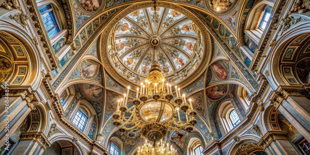 Interior ceiling of a church in Albacete with a stunning chandelier, church, Albacete, Spain, interior, ceiling Interior ceiling of a church in Albacete with a stunning chandelier, church, Albacete, Spain, interior, ceiling