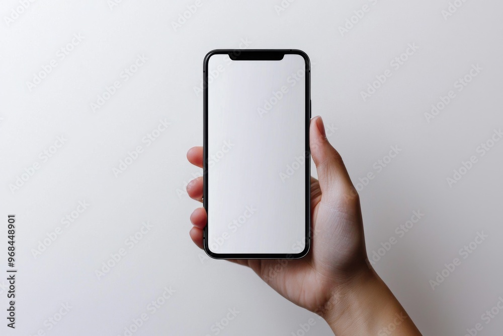 Hand Holding Smartphone Mockup Isolated created with Generative AI Hand Holding Smartphone Mockup Isolated created with Generative AI