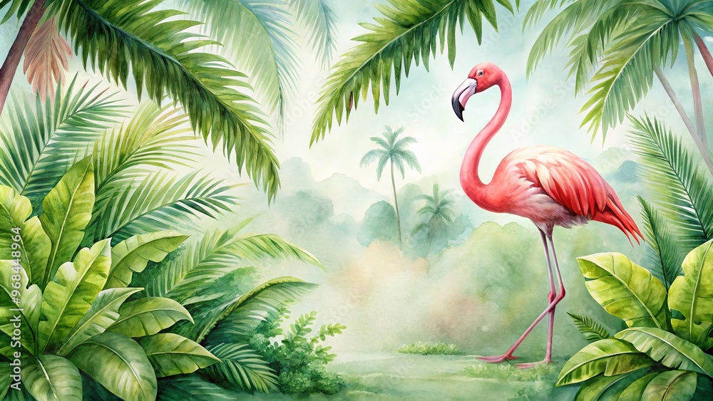 Fototapeta premium Watercolor tropical drawing featuring a flamingo in a lush green setting with palm trees