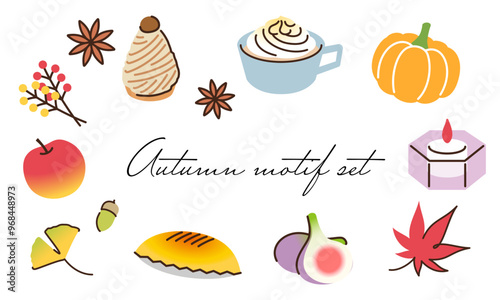 イラスト：秋モチーフセット(スイーツ、果物、紅葉、イチョウ)