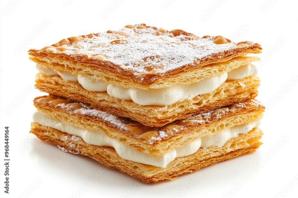 A close-up of a freshly baked Mille-Feuille pastry with layers of flaky puff pastry and a generous filling of whipped cream. The pastry is dusted with powdered sugar, adding a touch of sweetness and e