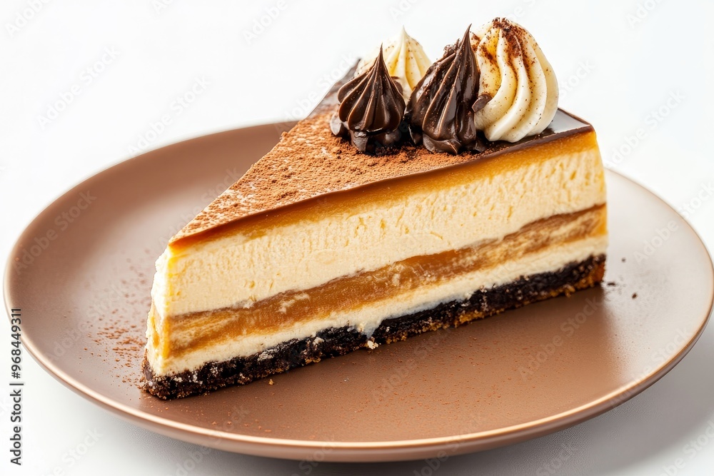 A close-up of a slice of Gateau Opera on a brown plate. The cake is layered with chocolate, coffee, and caramel, and topped with whipped cream and chocolate curls. The cake is a symbol of elegance, in A close-up of a slice of Gateau Opera on a brown plate. The cake is layered with chocolate, coffee, and caramel, and topped with whipped cream and chocolate curls. The cake is a symbol of elegance, in