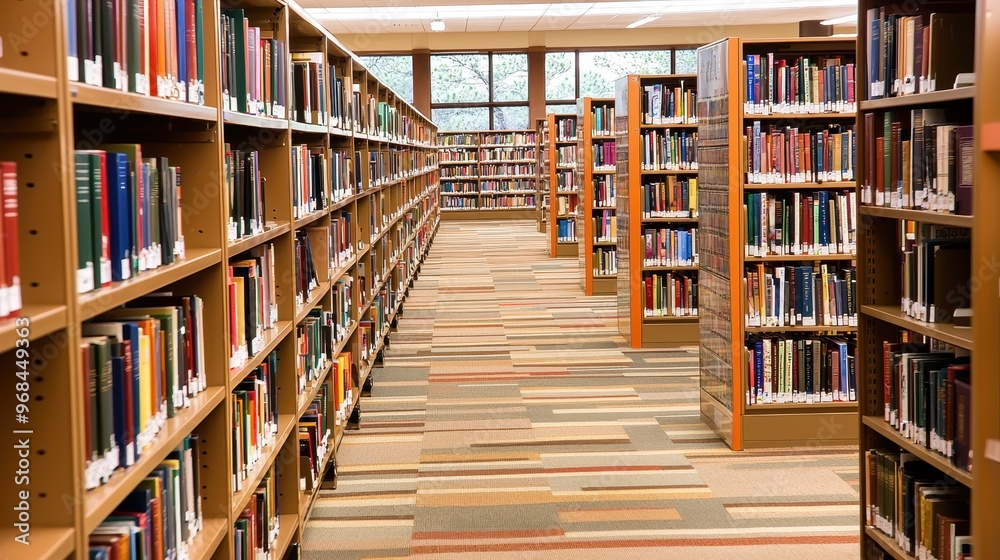 Library Bookshelves with Colorful Books and Carpeting Library Bookshelves with Colorful Books and Carpeting