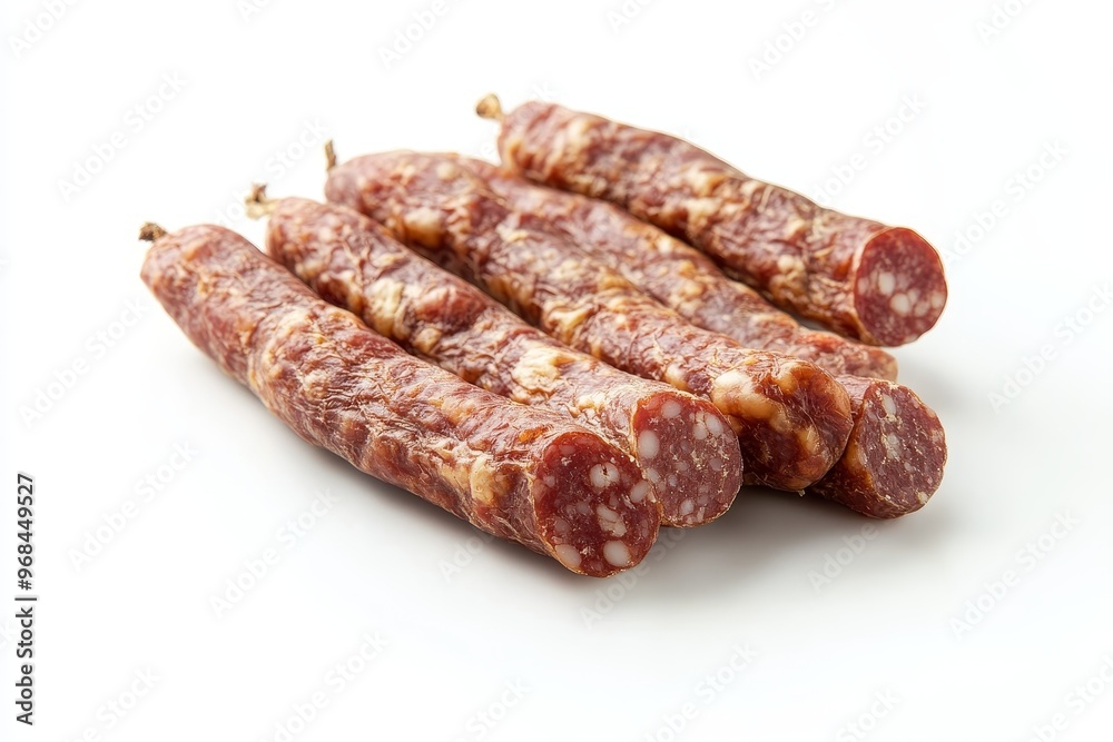 A close-up photo of a group of French dried sausages, known as Saucisson Sec, showcasing their rich color, texture, and savory appeal. The image evokes flavors of tradition, gourmet cuisine, and simp A close-up photo of a group of French dried sausages, known as Saucisson Sec, showcasing their rich color, texture, and savory appeal. The image evokes flavors of tradition, gourmet cuisine, and simp